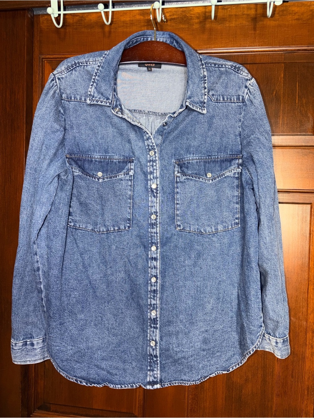 Quince 100% Cotton Pearl Snap Western Denim Shirt Jacket Puff Long Sleeves Large
